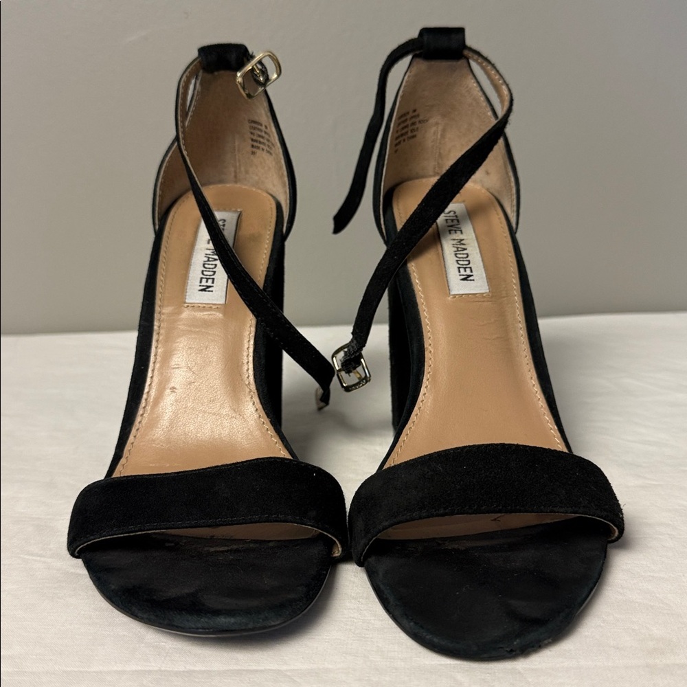 Steve Madden Black Ankle Strap Heels Size 8M 4” Block Heel - Picture 2 of 9
